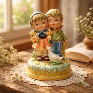 Vintage 50’s Japan Wood Bottom Rotating Music Box Hummel Style